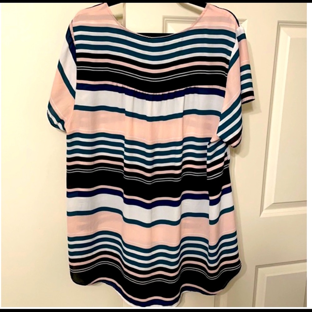 Sheer V-Neck Pink, Black, Green and White Striped Blouse with Accent Zip.